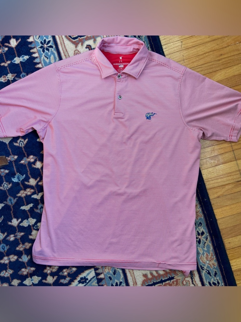 Fairway & Greene Pink Men's Performance Polo with Embroidered Elephant
